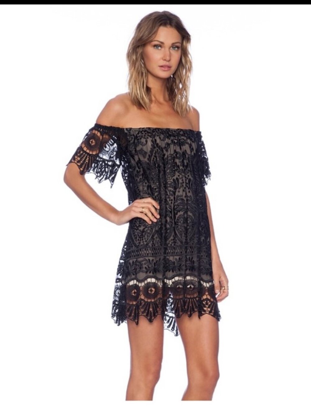 Sky Black Lace Crochet Off The Shoulder Mini Dress Nude Lining Scalloped Hem